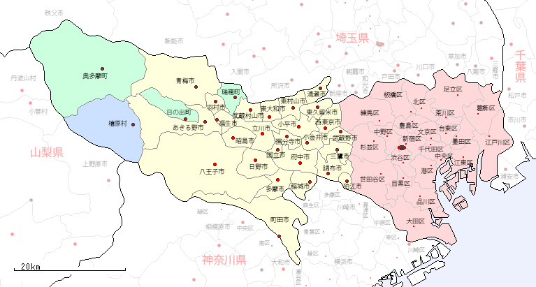 東京都と隣接する市区町村の地図